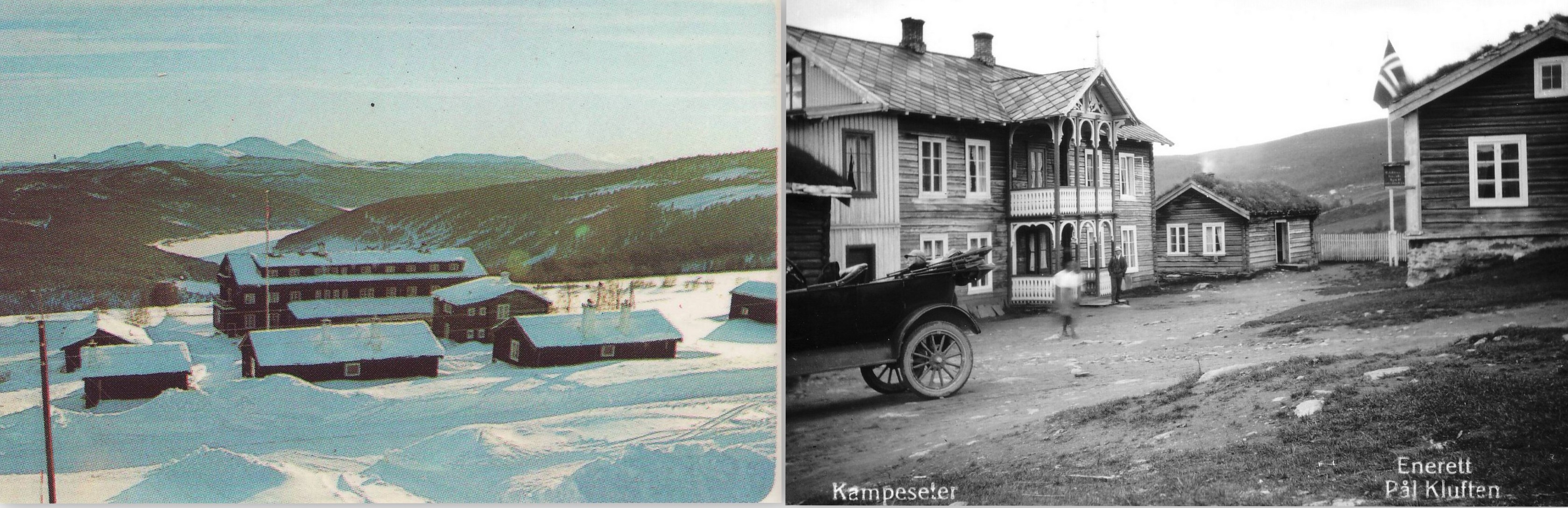 T.v. Hotellet som O. T. Kampesæter bygde i 1936. T.h. Den gamle skysstasjonen på Kampesæter, ca. 1930.